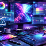 Futuristic graphic designer workspace with human and AI collaboration, glowing holographic design tools, and neon lighting