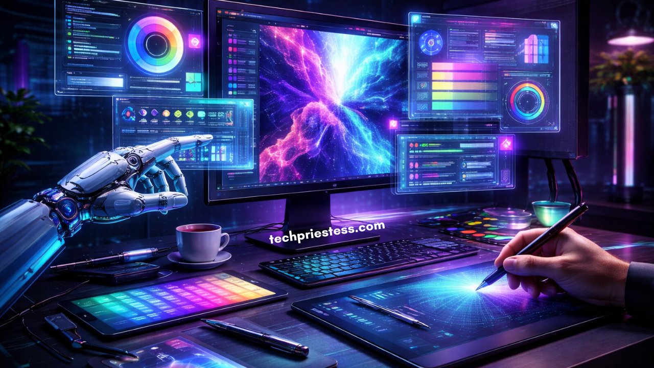 Futuristic graphic designer workspace with human and AI collaboration, glowing holographic design tools, and neon lighting