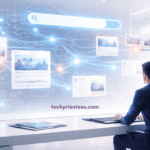 Bright futuristic workspace showing a person observing AI-driven search visuals, glowing data streams, and abstract search result panels in a clean, modern office