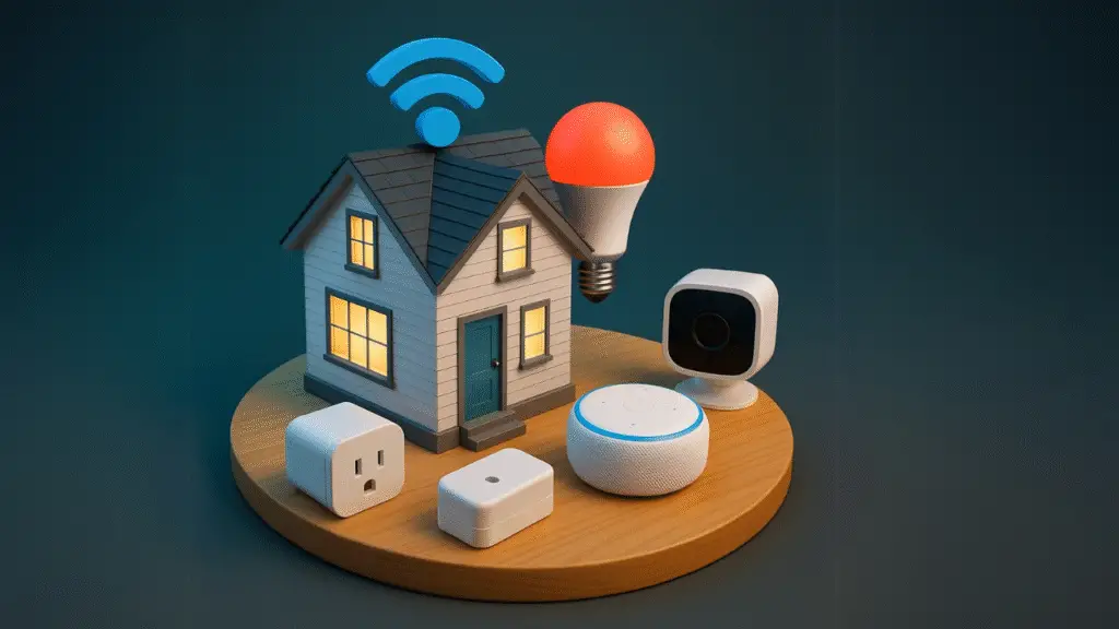 A image of Smart Home having accessories like smart bulb, smart security camera, Echo dot, Smart plugs