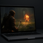 A silver laptop with games in a dark background