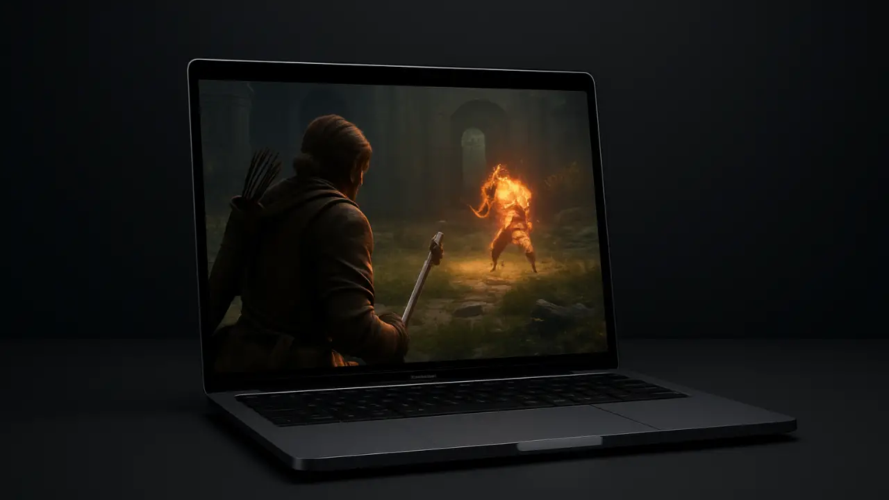 A silver laptop with games in a dark background