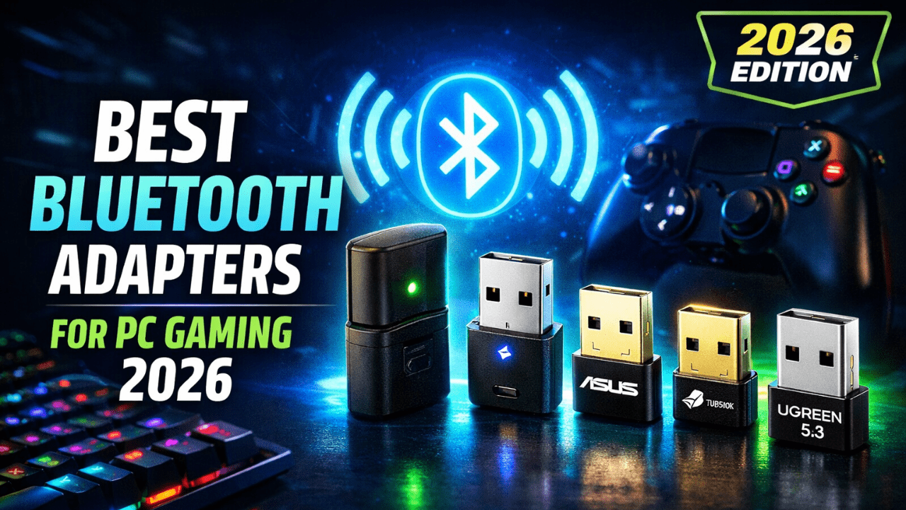 PC gaming thumbnail with RGB keyboard, controller, and five glowing USB Bluetooth adapters, titled “Best Bluetooth Adapters for PC Gaming 2026
